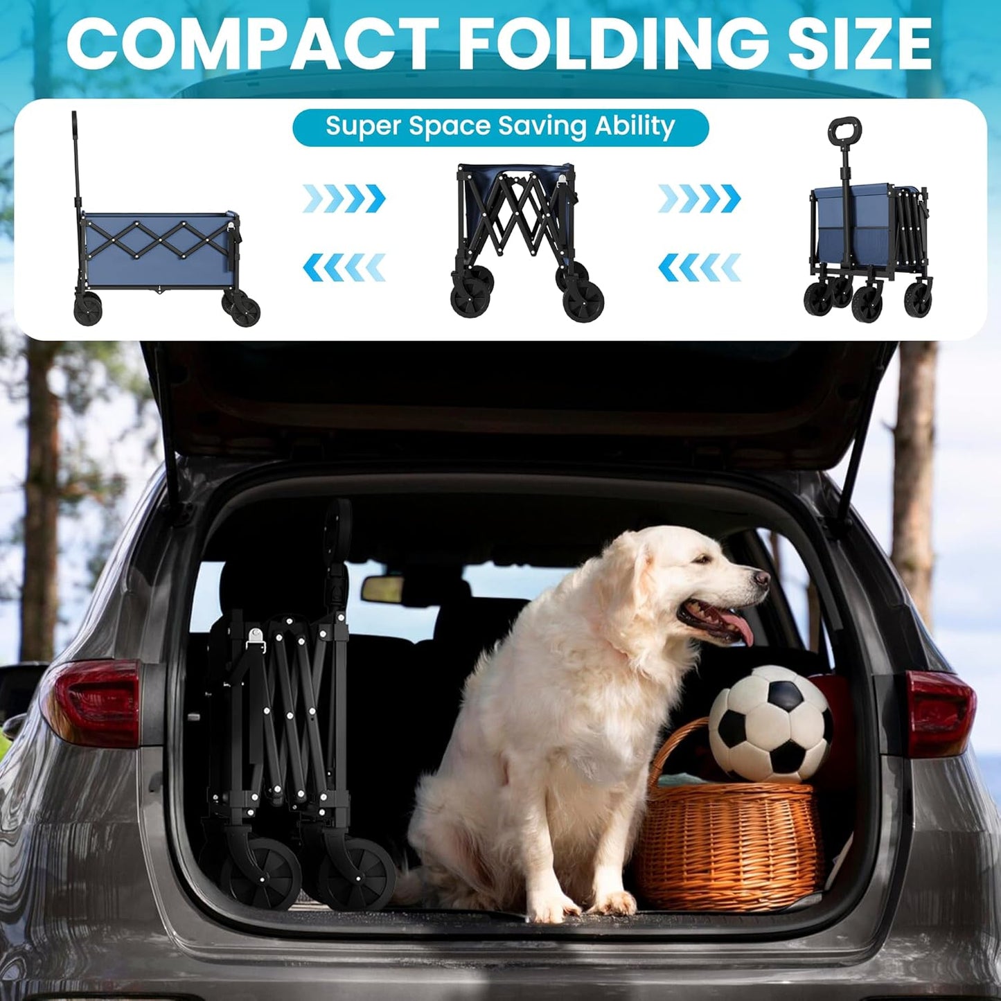 Collapsible Folding Wagon with Tailgate, Wagons Carts Foldable with 350lbs Capacity, Lightweight Portable Utility Wagon Cart for Shopping Camping Sports Garden (Navy)