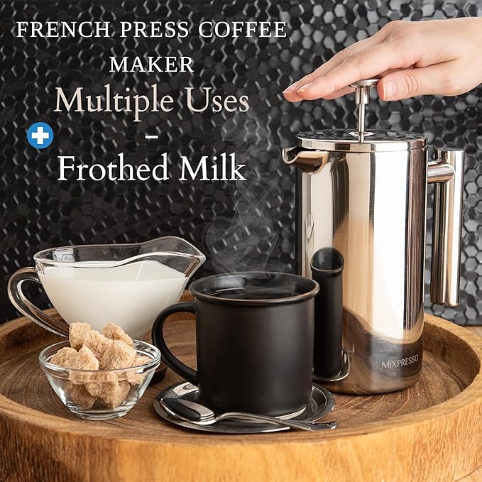 Mixpresso Stainless Steel French Press Coffee Maker 27 Oz 800ml, Double Wall Insulated French Press Stainless Steel, Built-In Thermometer, Easy Clean Tea Brewer, Easy Press Durable Metal Coffee Press
