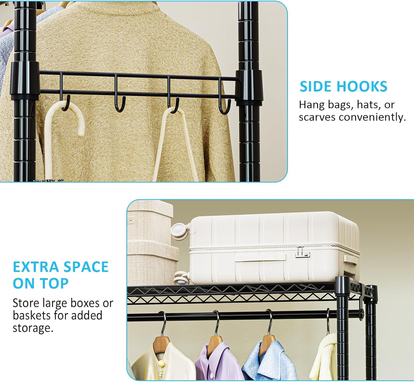 IZEUK Heavy Duty Rolling Garment Rack with 3 Adjustable Wire Shelves, 2 Hanging Rods & Side Hooks - Extra Large Mobile Clothes Rack with Wheels, 47.2" W x 17.7" D x 83.6" H, Black