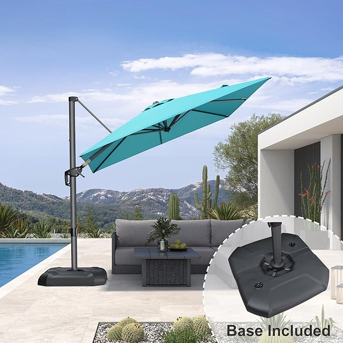 PURPLE LEAF 8 Feet Square Cantilever Umbrella Patio Umbrella with Base Outdoor Umbrella Aluminum Offset with 360-degree Rotation for Garden Deck Pool Patio, Turquoise Blue