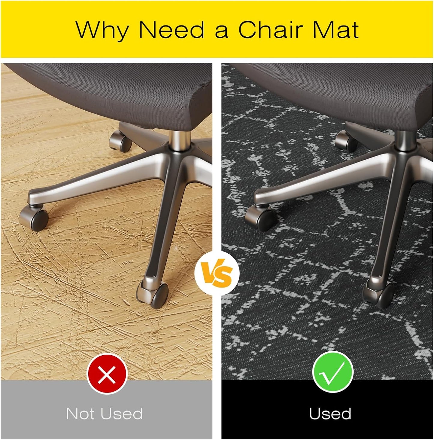 Office Chair Mat for Hardwood & Tile Floors, 48" x 36" Desk Chair Mat, Non-Slip Floor Protector for Rolling Chairs, Machine Washable Area Rug for Home Office, Black