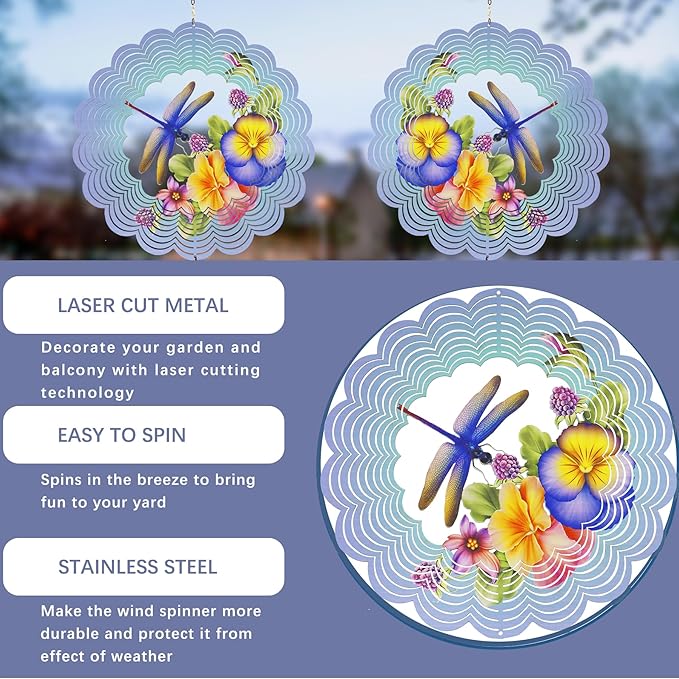 Dragonfly Metal Wind Spinners - Gifts for Women Mom Grandma Wife, Hanging Wind Spinner for Outdoor & Indoor Decorations, 12 inch Wide, 21 inch Long, Wind Spinner for Christmas Ornament Gifts