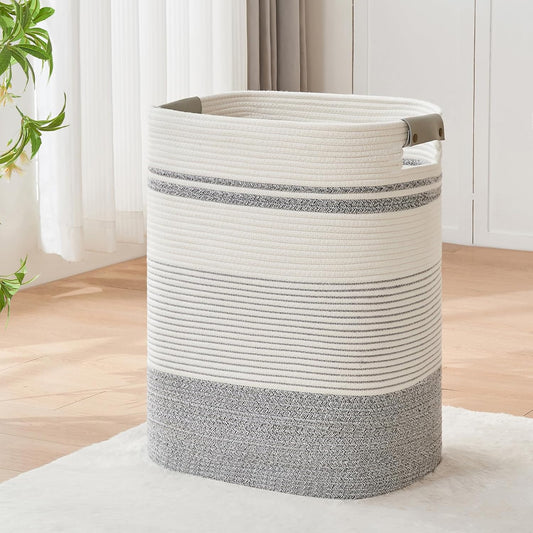 Laundry Basket with Handles - Blanket Basket & Hampers for Bedroom Aesthetic, Laundry Hamper & Blanket Storage for Living Room, Clothes Hamper, Tall, Large 17" x 14" x 22”, Grey & White