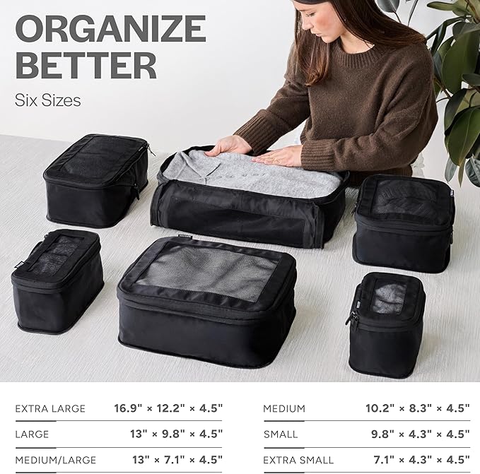 Compression Packing Cubes for Travel - Luggage Organizer Bags - Double Zipper Packing Cubes for Suitcases (6-Pack, Black)