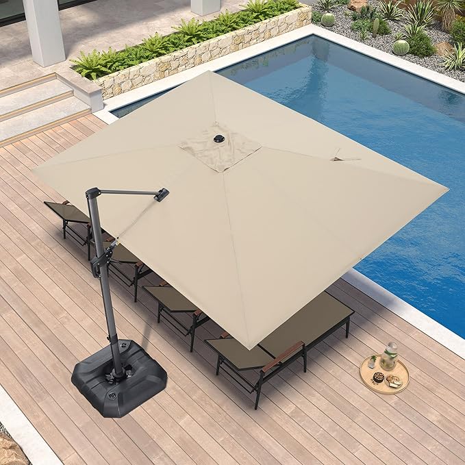 PURPLE LEAF 9' X 11.5' Patio Umbrella with Base Outdoor Cantilever Rectangle Umbrella Offset Umbrella with 360-degree Rotation for Garden Deck Pool Patio, Beige