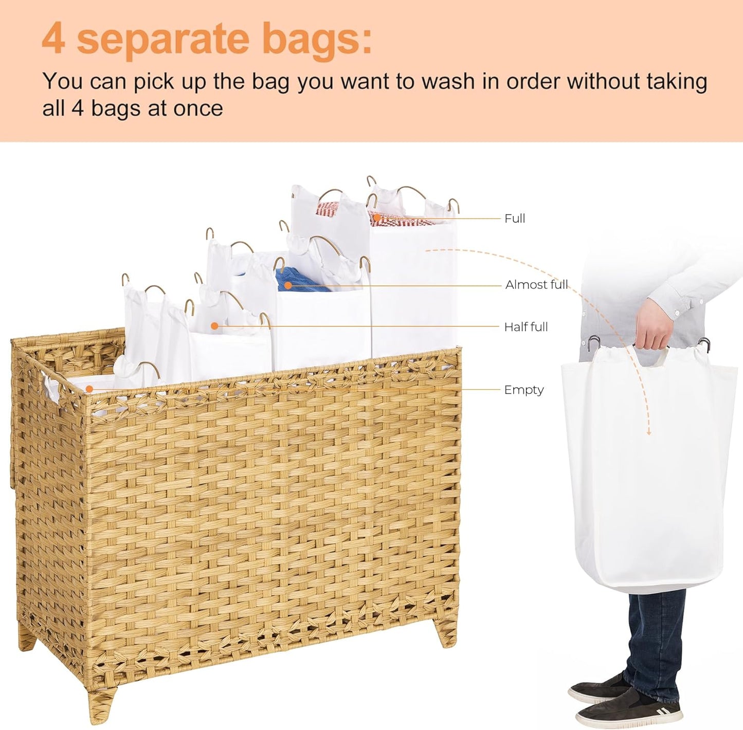 Laundry Hamper with 4 Removable Liner Bags; 176L Handwoven Rattan Laundry Basket with Lid & Heightened Feet; Clothes Hamper with Side Handles (Natural)