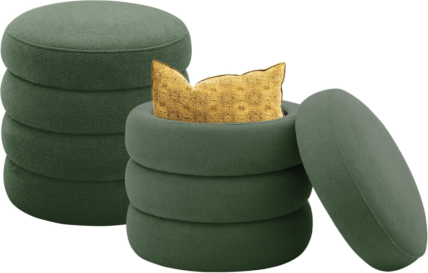 Round Ottoman with Storage Boucle Ottoman Stool Removable Lid for Living Room Modern Upholstered Vanity Storage Stool Foot Rest Bedroom Dorm Gifts Set of 2 (Green)