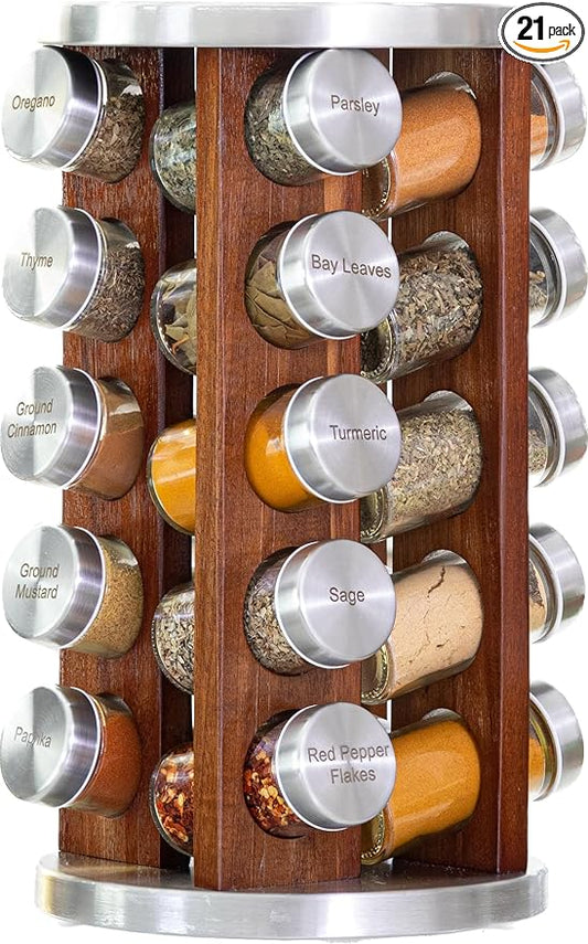 Orii 20 Jar Dark Acacia Wood Spice Rack with Spices Included - Rotating Tower Organizer for Kitchen Spices and Seasonings, (Dark Stained Acacia Wood)