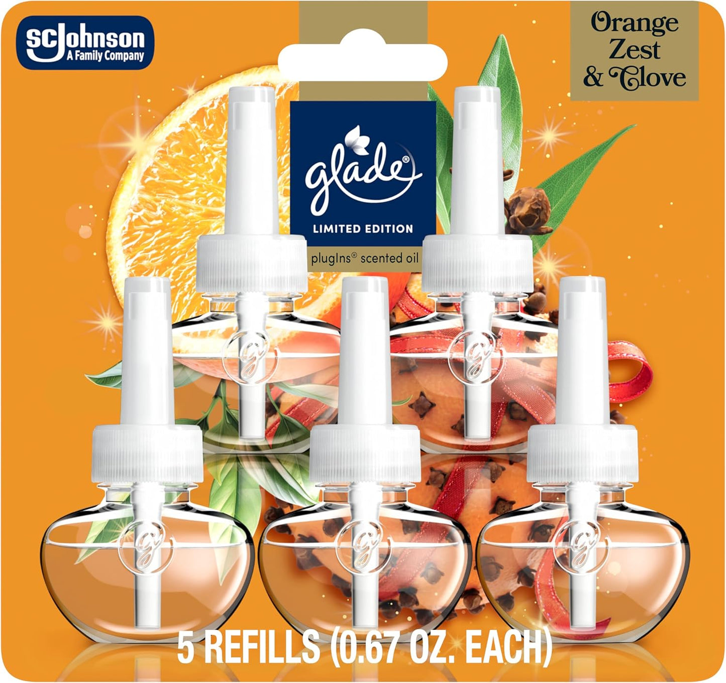 Glade PlugIns Refills Air Freshener, Orange Zest & Clove, Scented and Essential Oils for Home and Bathroom, 0.67 Fl Oz, 5 Count