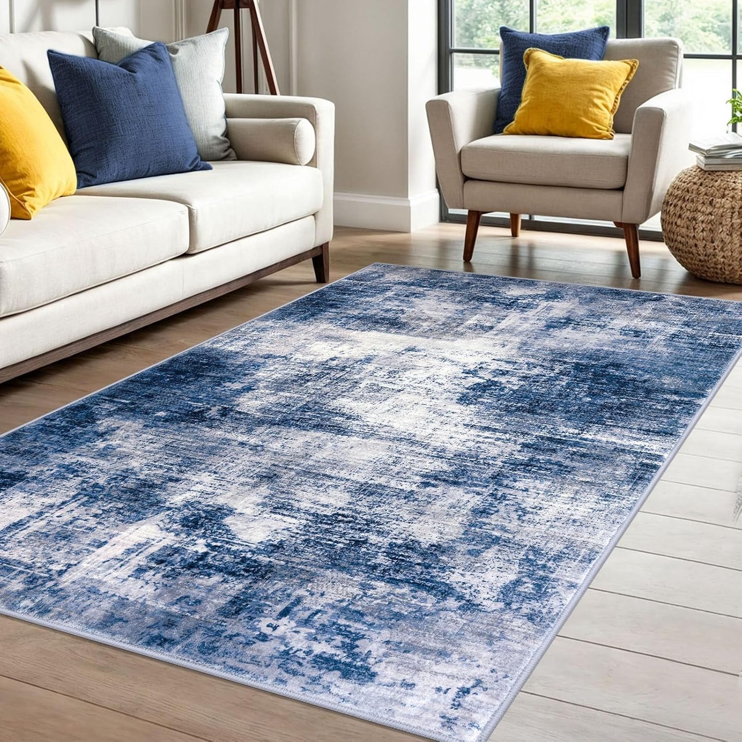 IOHOUZE Abstract Area Rug 4x6 Ft Washable Rugs for Entryway Indoor, Non Slip Small Living Room Rugs Printed Faux Wool Throw Rug, Floor Carpet for Kitchen Nursery Playroom, Navy/Grey