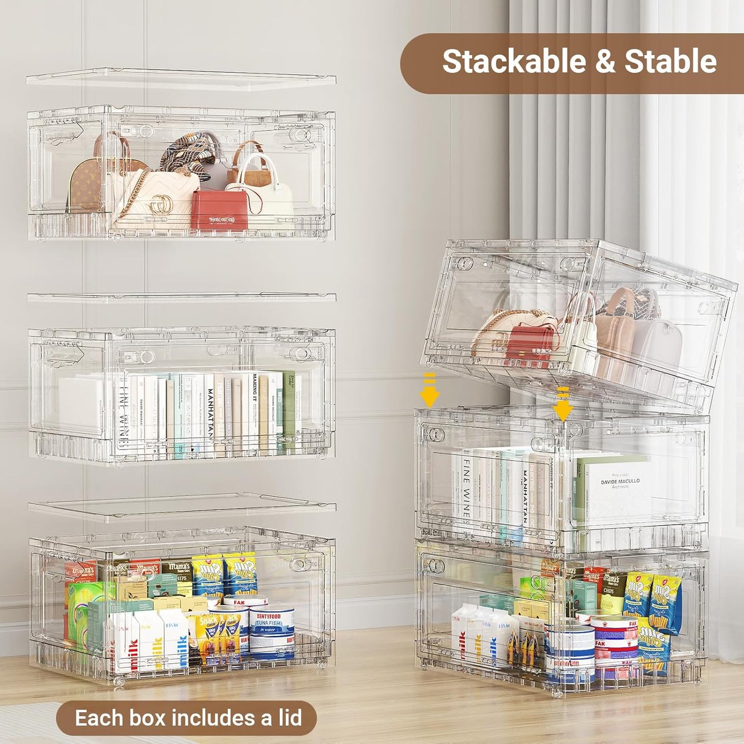 BROVIEW Clear Stackable Storage Bins Drawers, Open Front Large Plastic Storage Bins with Lids, Foldable Closet Organizers and Storage for Wardrobe Cabinets, Pantry, Makeup,2 Pack