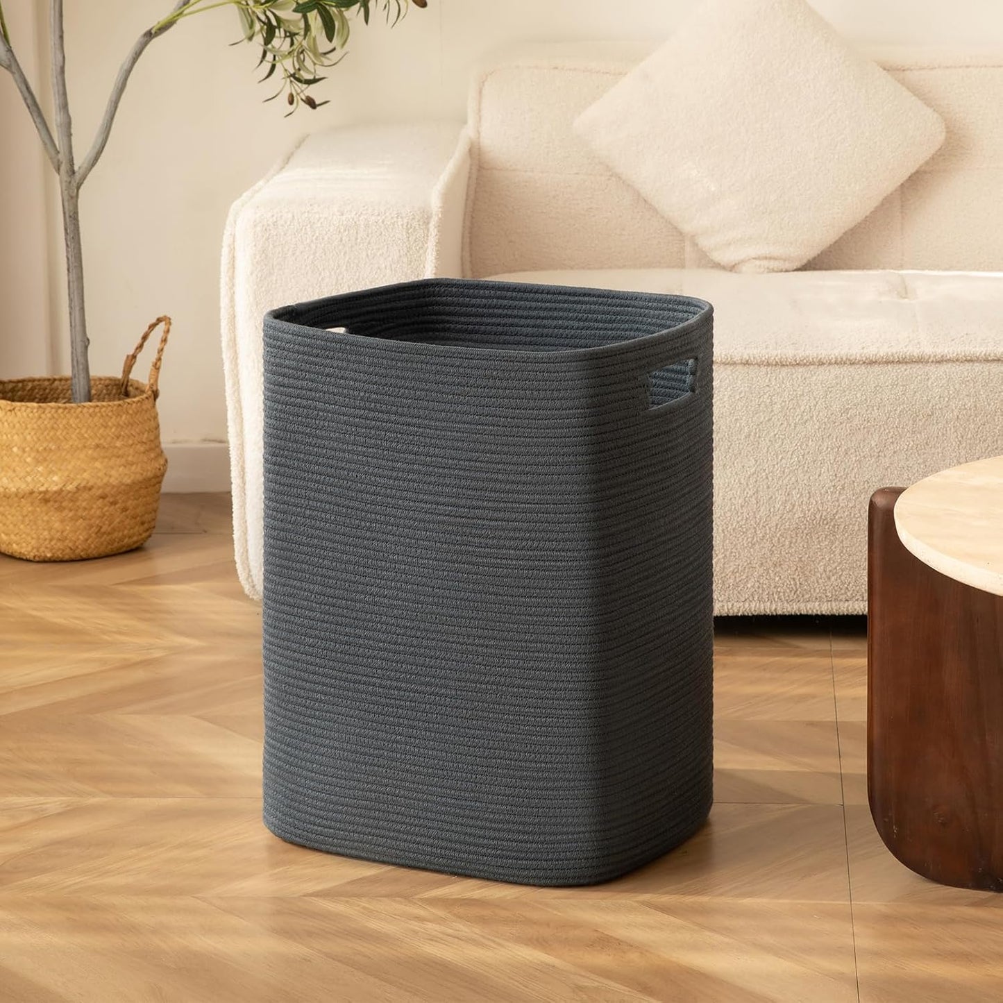 OIAHOMY Laundry Hamper, Laundry Basket，Rectangle Cotton Large Blanket Storage Basket for Living room,Bedroom Woven Decorative Storage for Toys,Clothes,Pillows-16x13x22in-Blue