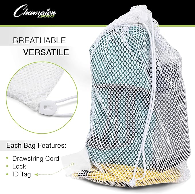 Champion Sports Mesh Equipment Bag – Heavy-Duty Nylon Drawstring Bag with Lock & ID Tag, Breathable Storage Sack for Balls, Swim Gear, Laundry & Toys, Multiple Sizes & Colors