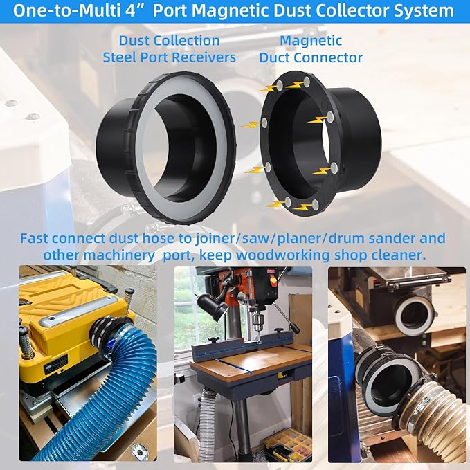 Magnetic Dust Collection Starter Kit for 4" Woodwork Shop Vacuums Dust Hose,One-to-Multi Magnetic Dust Collector System w/1PK Mag Port Connector+2Set 4” Couplers,Hookup Drum Sander Jointer Saw Planer