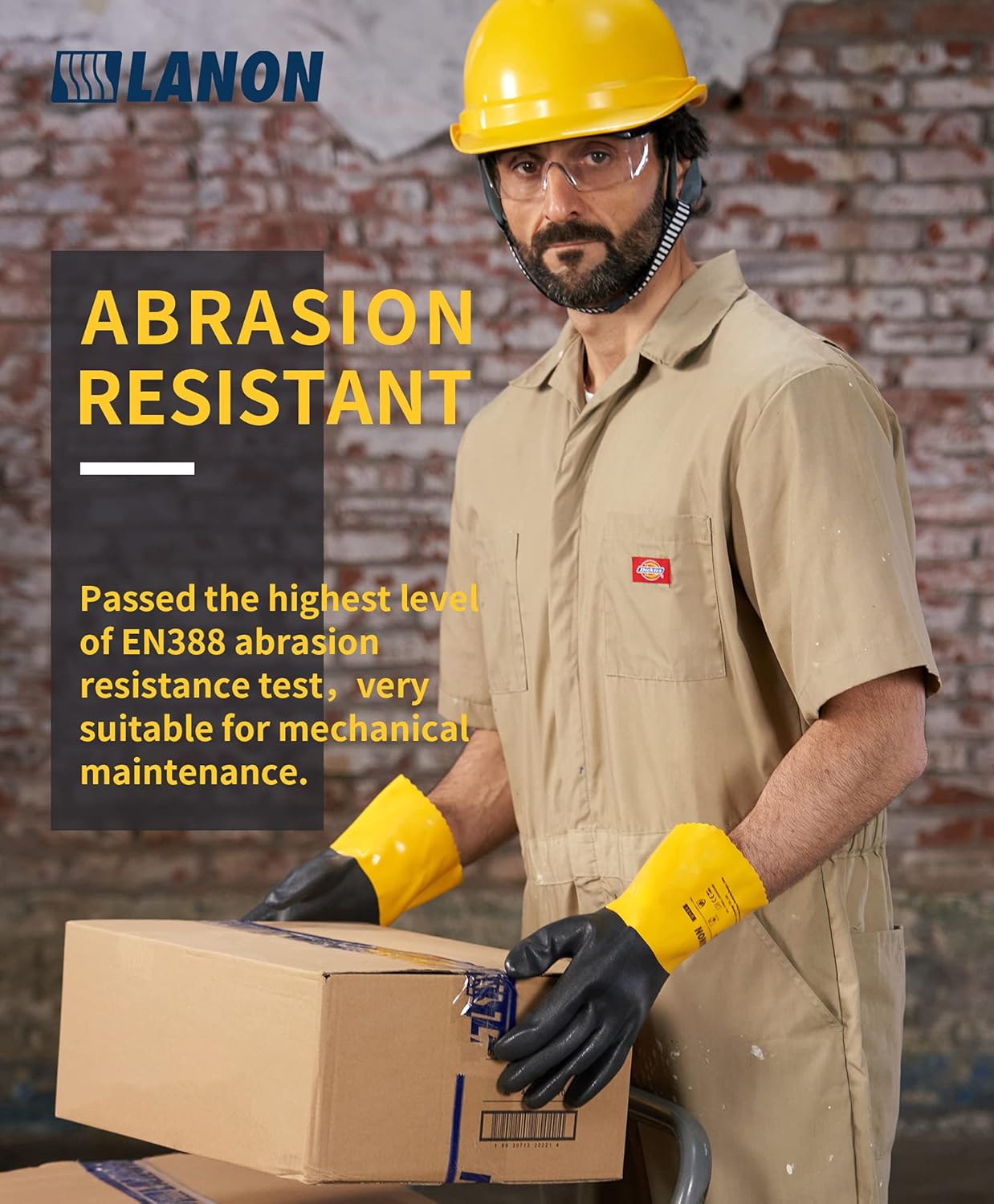 LANON PVC Chemical Gloves, Thick Rubber Work Gloves, Heavy-Duty, EN 374/388, Acid, Alkali and Oil, Non-Slip, Large