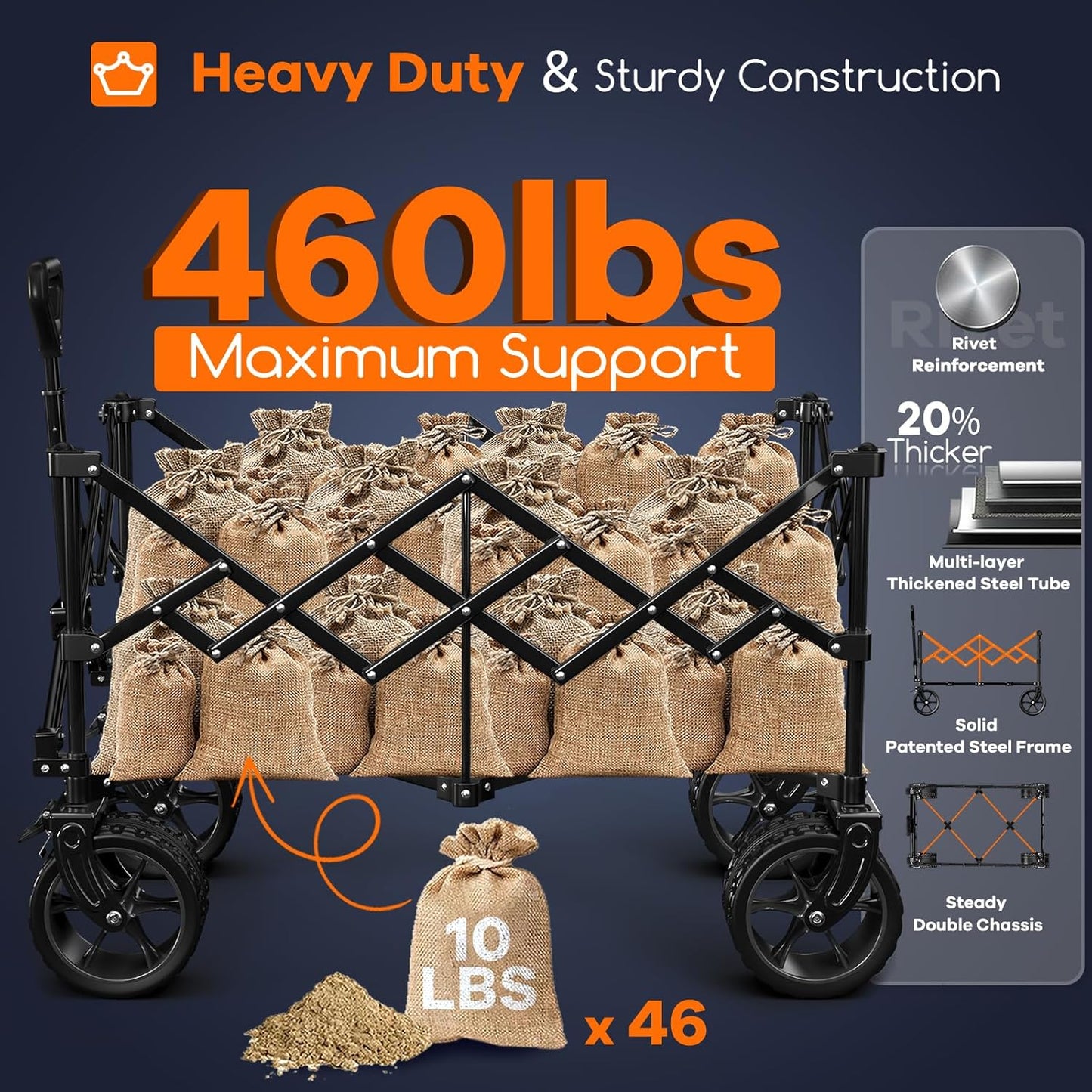 220L Collapsible Wagon Cart Foldable, 460lbs Load Capacity Heavy Duty Folding Beach Wagons with Big All-Terrain Wheels, Utility Carts for Groceries, Shopping, Camping, Sports - Grey