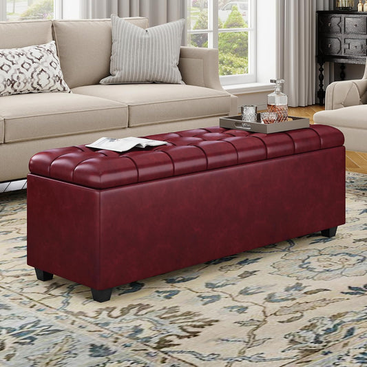 38 Inches long Wine red Ottoman Bench with Storage, footstool Furniture End of Bed storage benches,Faux leather Ottomans with Storage and Seat for Foot rest in Bedroom, Living Room, Entryway