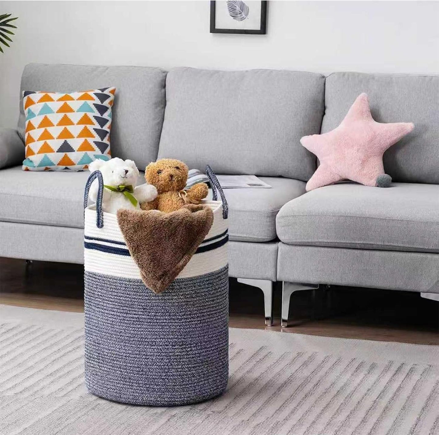 Woven Laundry Basket Hamper,60L Versatile Storage for Blankets,Toys and Clothes,Decorative and Storage for Living Room,Bathroom and Bedroom and Baby Nursery（Large-Blue）