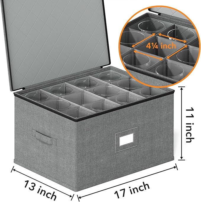 SpaceAid Wine Glass Stemware Storage 2 Pack, China Storage Containers, Hard Shell Quilted Cases with Soft Plate Separators, Moving Supplies Packing Boxes for 24 Glasswares (Grey)