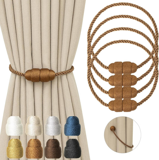 Magnetic Curtain Tiebacks Rope Curtain Tie Backs for Curtains 4 Pack Curtain Holders for Drapes Decorative Window Curtain Holdbacks, Khaki
