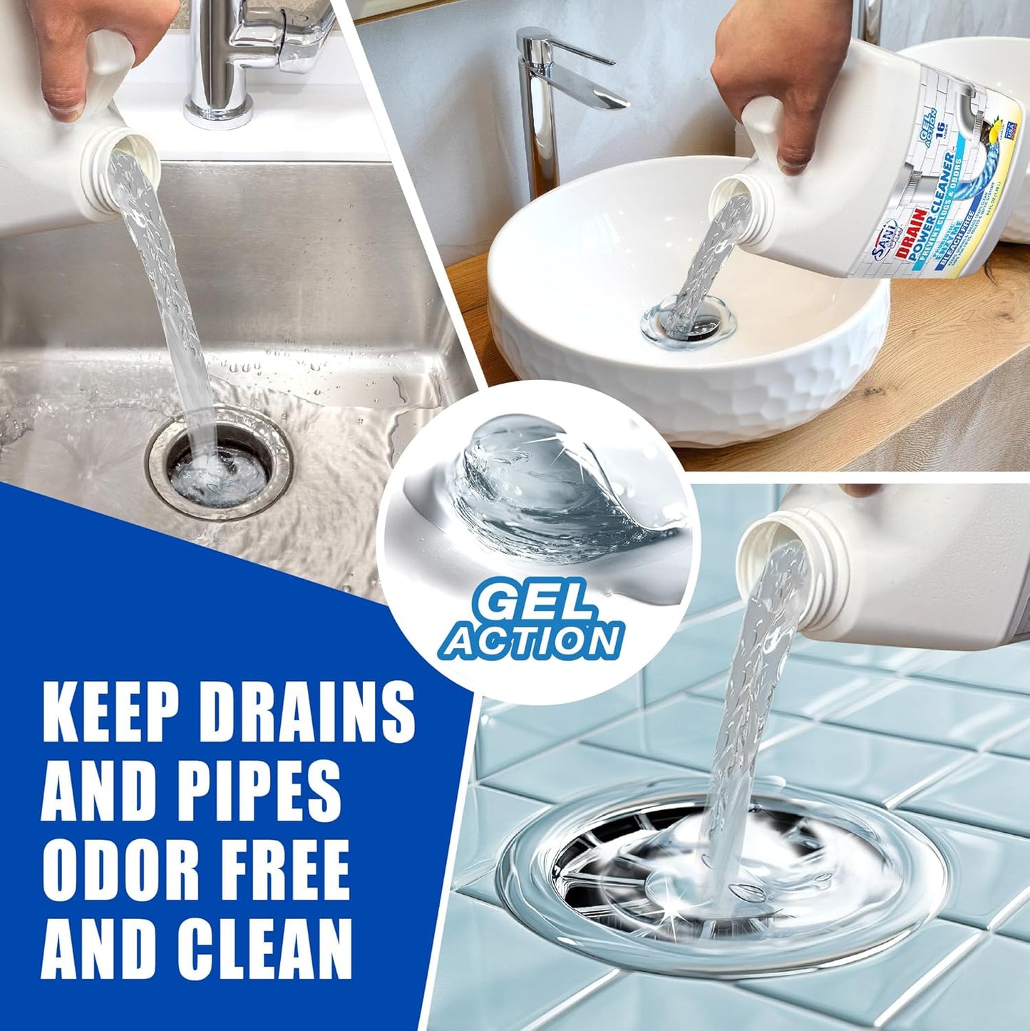 SANI 360° Drain Power Cleaner, Enzyme Gel Formula, Deodorizer, Stops Clogs, Odor, Grease, Soap Scum, Save Money on Plumbing, Safe for Pipes and Septic, Made in the USA, 16 Uses, Lemon Scent