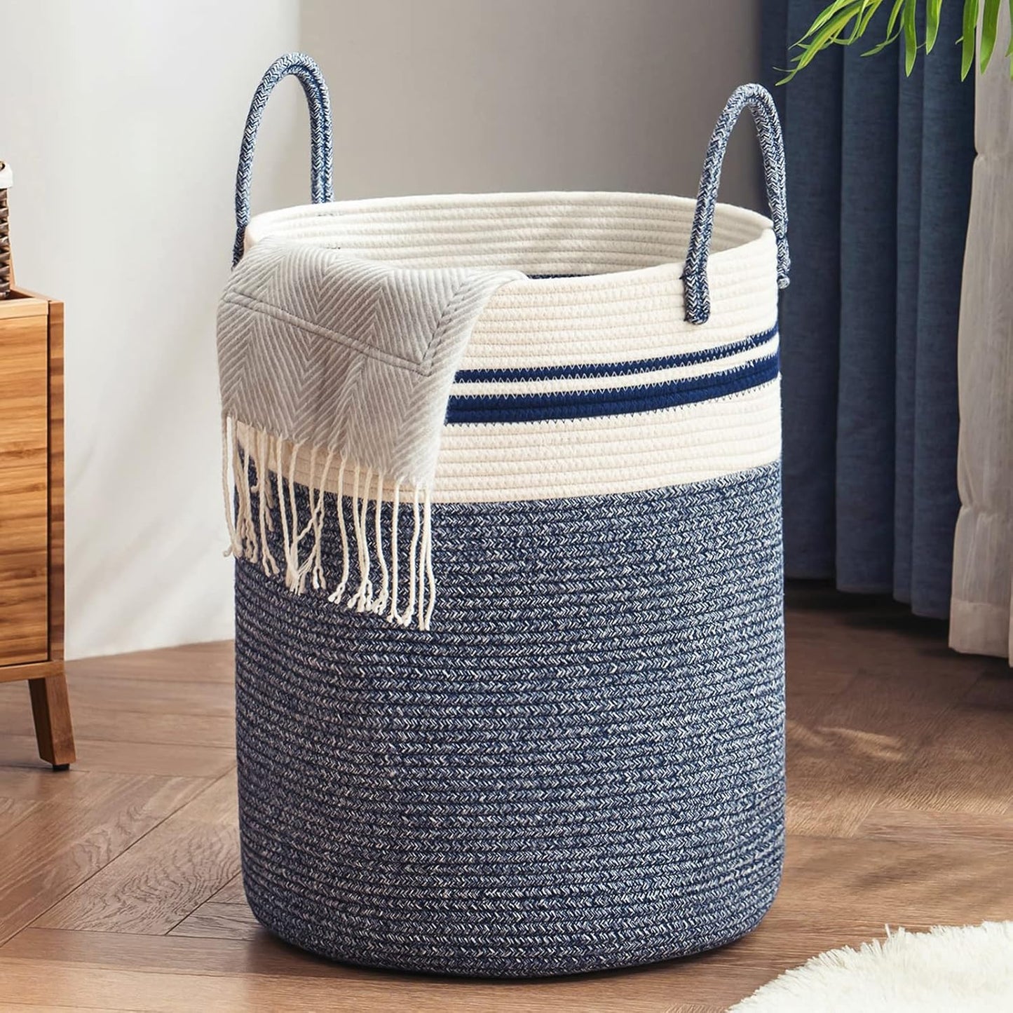 Woven Rope Laundry Hamper Basket by YOUDENOVA, 58L Tall Luandry Basket, Baby Nursery Hamper for Blanket Storage in Bedroom-Large-Blue
