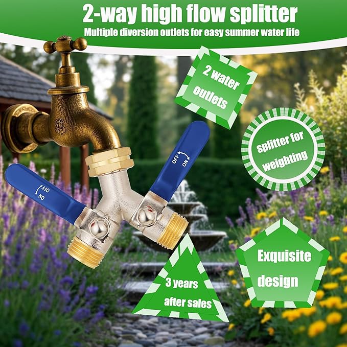 EJW Hose Splitter 2 Way, High Flow Garden Hose Splitters Full Flow Hose Splitter, Heavy Duty Brass Water Hose Splitters, Faucet Splitter, Valve 3/4 Inch GHT Thread.