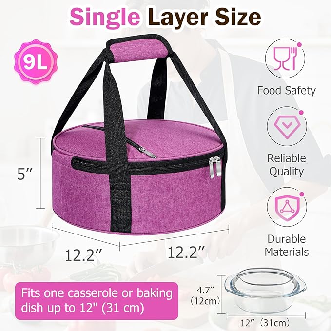 Round Insulated Casserole Carrier, Pie Carrier Bag, Portable Casserole Carrier for Hot or Cold Food Lunch Tote, Lunch Bag for Parties Picnic, Fits 12.5" Baking Dish, Rose Red