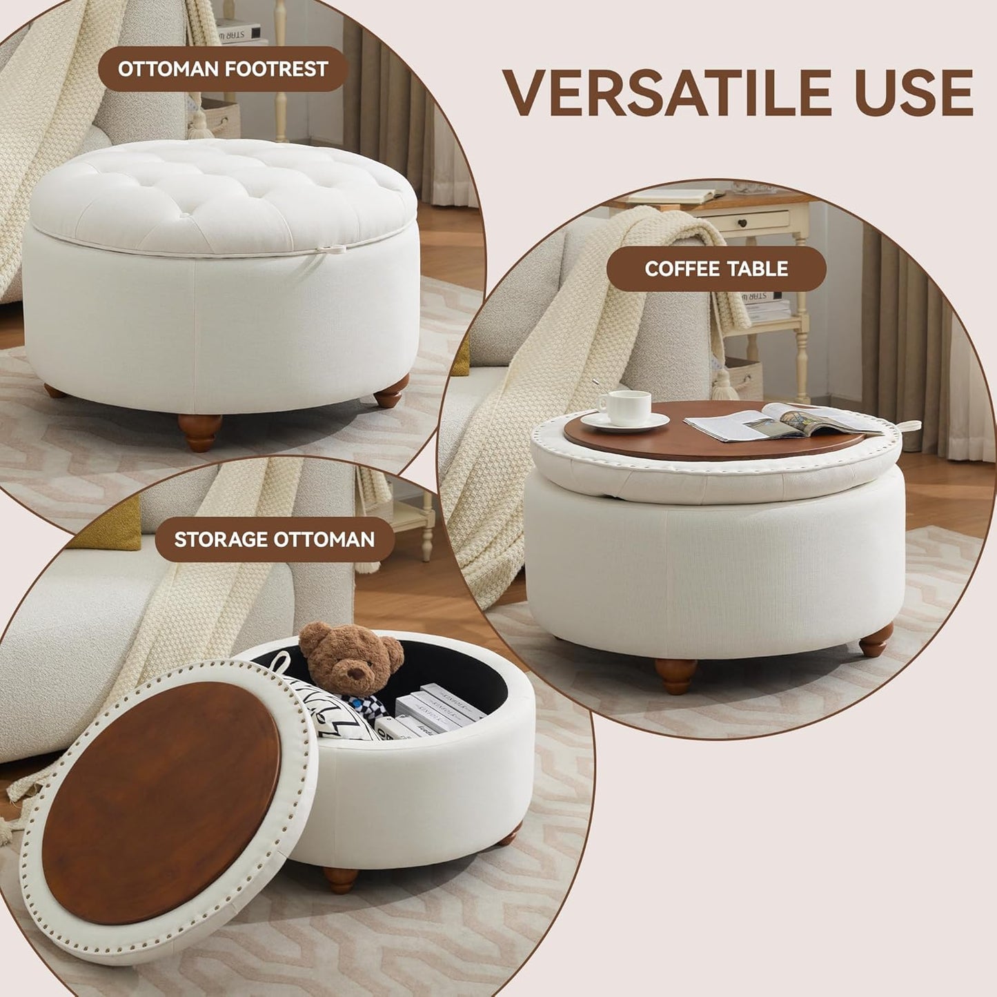 30Inch Round Storage Ottoman with Tray, Modern Tufted Fabric Circle Coffee Table with Storage, Upholstered Ottoman with Removable Top for Living Room, Bedroom, Beige