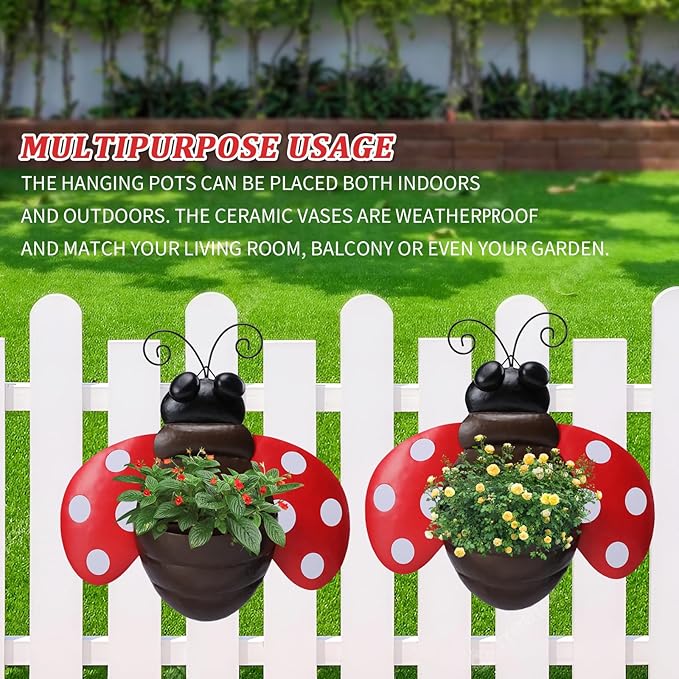 Metal Wall Planter Ladybug Wall Mounted Planters Small Flower Pot with Drainage for Indoor Outdoor Farmhouse Hanging Planter Succulent Plant Container Vertical Garden Yard Decor