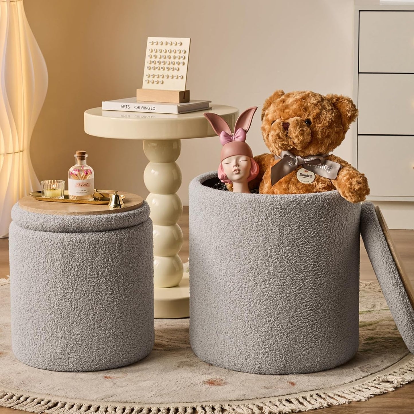 Round Ottoman with Storage Set of 2-Upholstered Sherpa Vanity Stool for Makeup Multifunctional Ottomans Coffee Table Padded Seat Foot Rest for Living Room&Bedroom(Sherpa Gray)