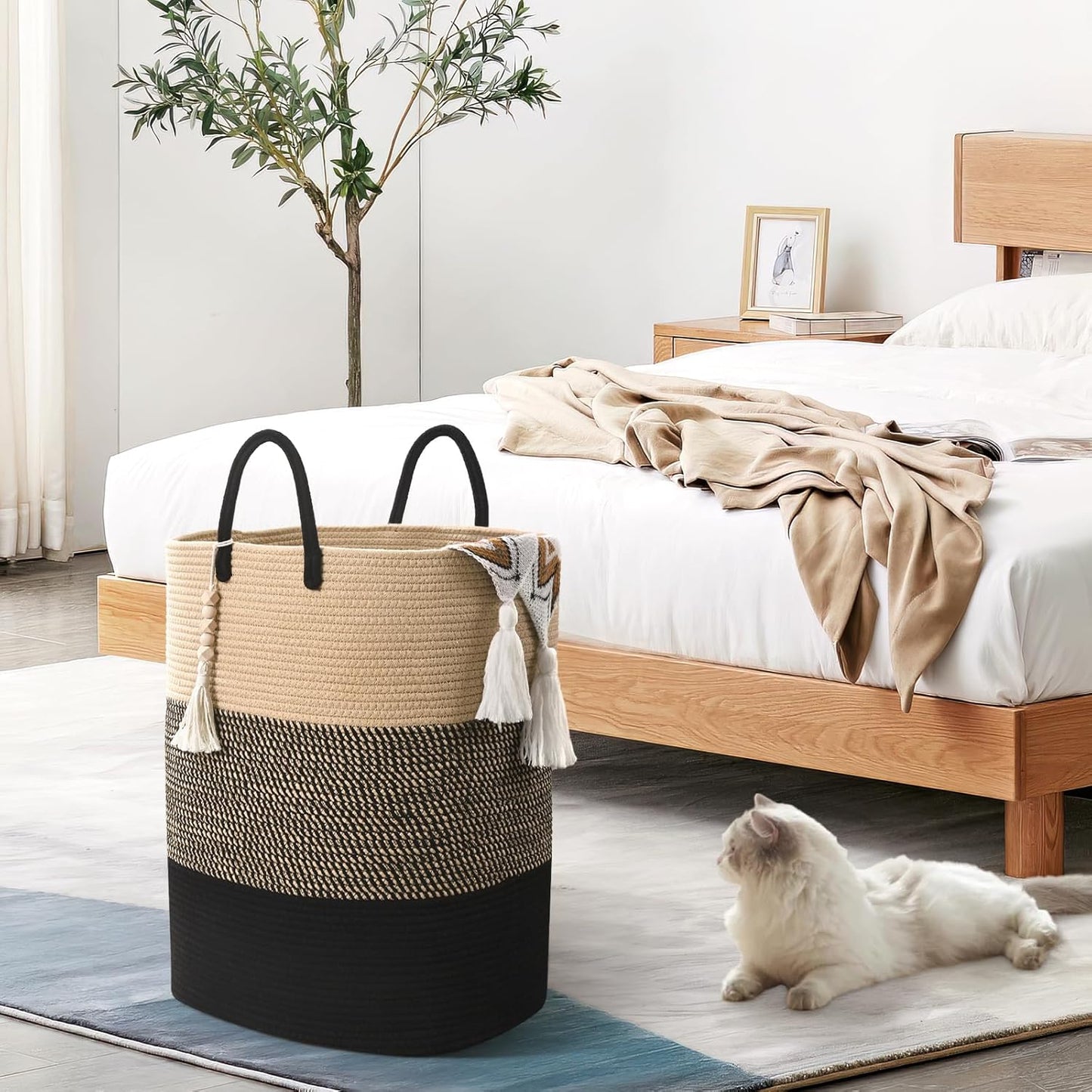 Woven Laundry Basket for Clothes, 65L Large Rectangle Laundry Hampers with Beads Tassel, Nursery Storage Basket for Toys, Tall Dirty Clothes Hamper for Bedroom Aesthetic, Laundry Room Organization