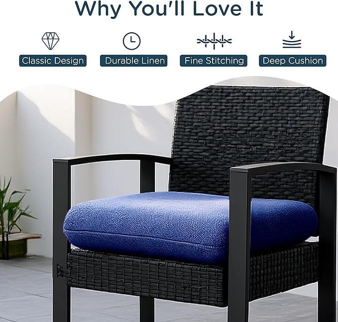 Codi Patio Chair Cushions 19x19 Inch, Waterproof Seat Cushion for Outdoor Furniture with Textured Fabric, Handles & Adjustable Straps, Fade Resistant - Set of 2, Navy Blue