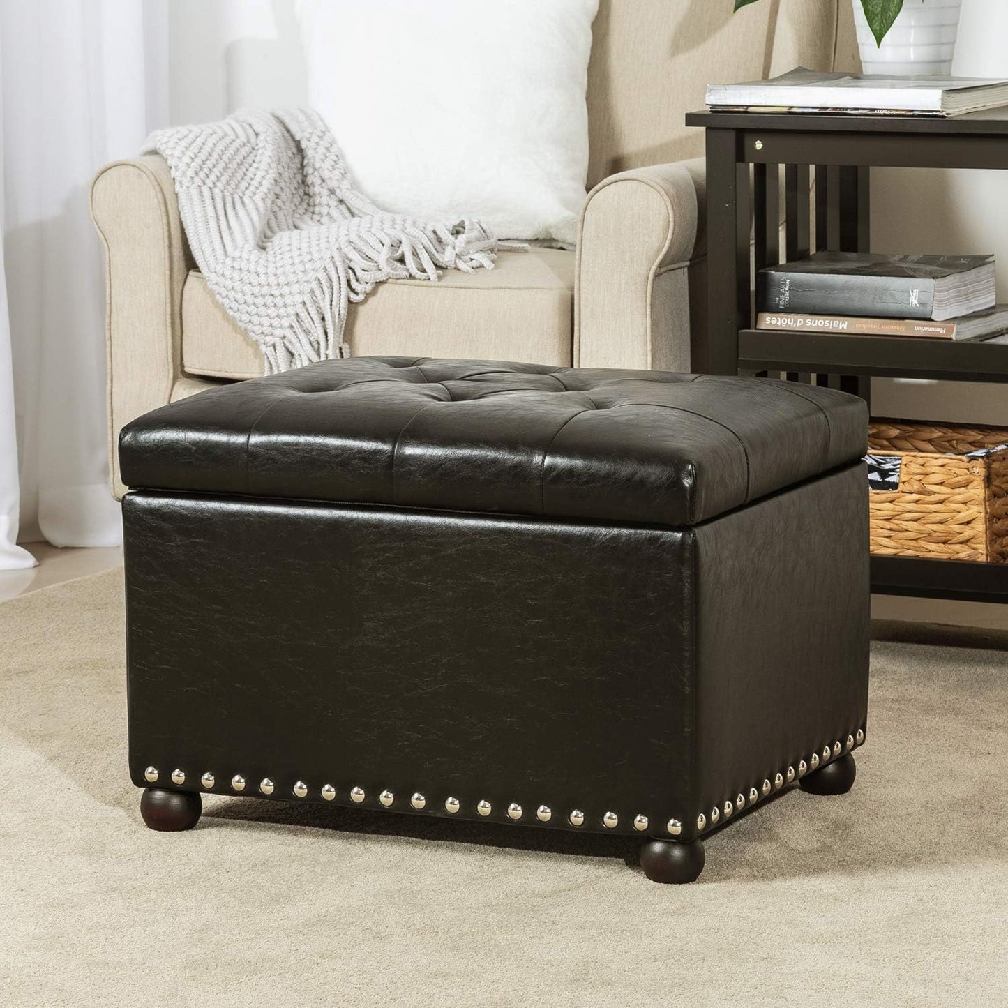 Joveco Leather Storage Ottoman, 24" Rectangle Tufted Foot Rest Stool, for Living Room Bedroom, Midnight Black