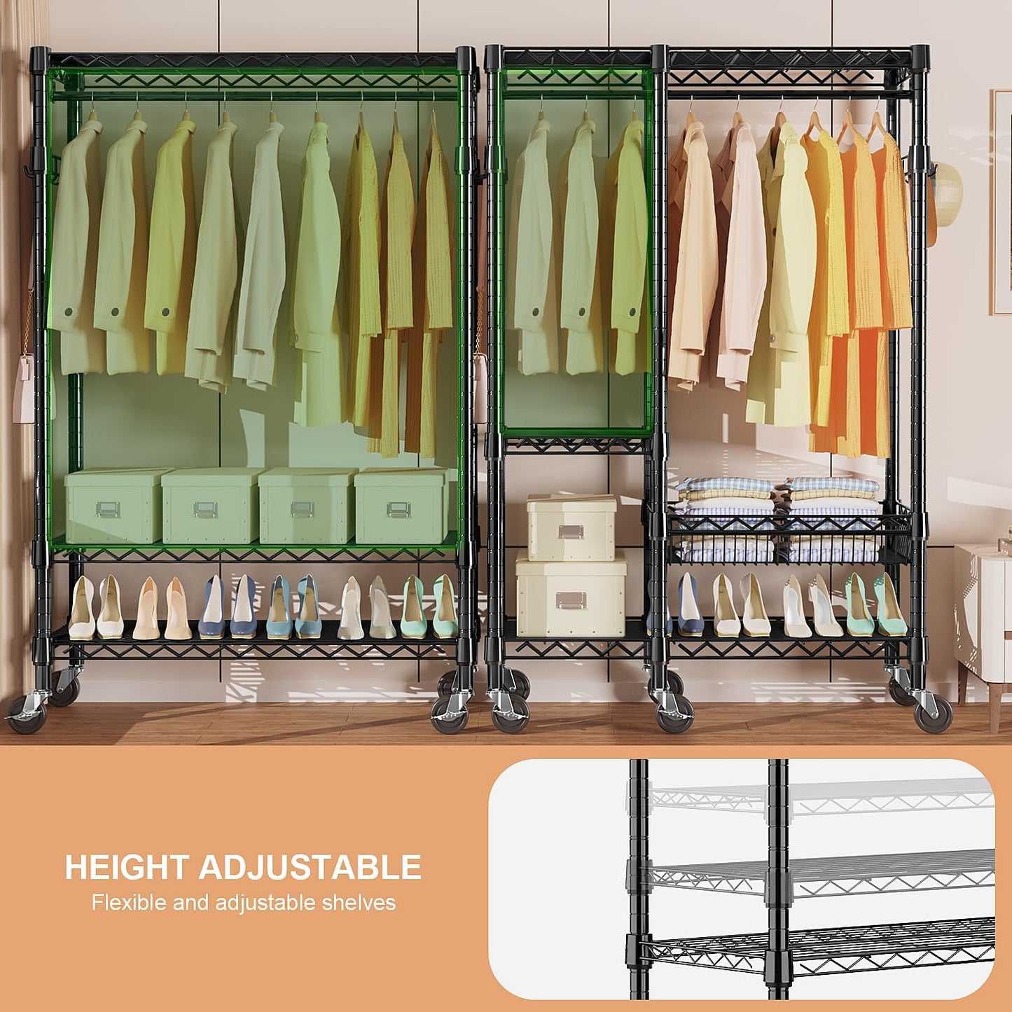 Heavy Duty Rolling Garment Rack 4 Tiers Adjustable Wire Shelving Clothes Rack with Rods and Side Hooks, Storage Closet Clothing Rack with Wheels Black 17.7" D x 47.2" W x 83.6" H