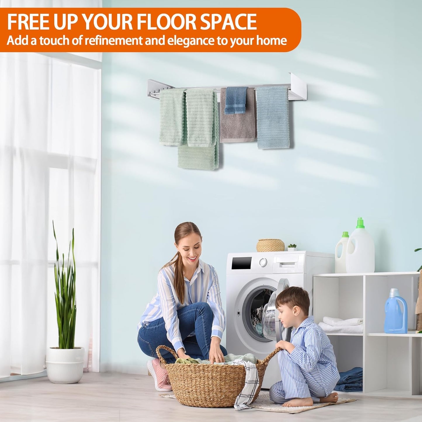 FOCHIER F Laundry Drying Rack Wall Mounted Clothes Drying Rack Collapsible with 4 Aluminum Rods and Drilling Template Long Screwdriver Bit 60 lbs Capacity (White, 40")