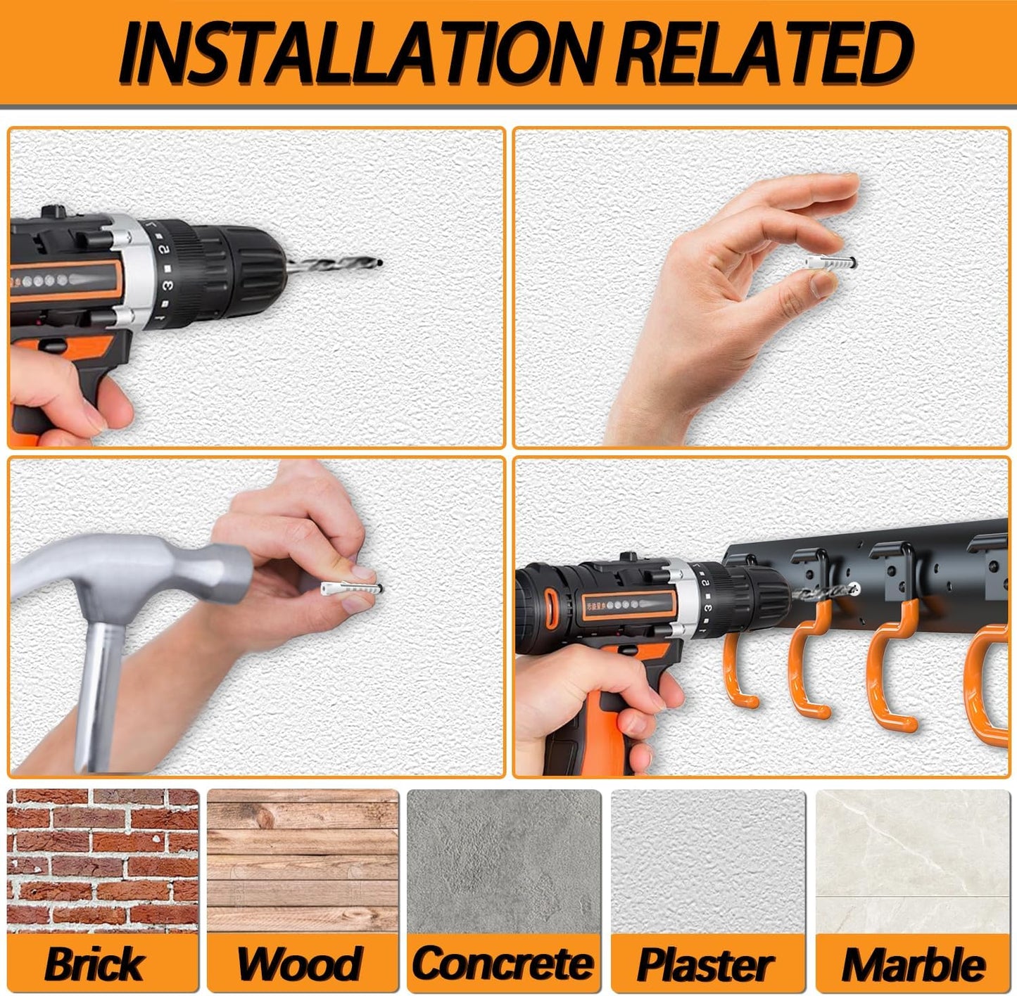 3-H 6×16" All Metal Garden Tool Organizer, Garage Tool Organizer, Broom Holder Wall Mount for Garage, Shed, Garden, Basement Hanging and Organizing Rake, Mop, Shovel, Hose