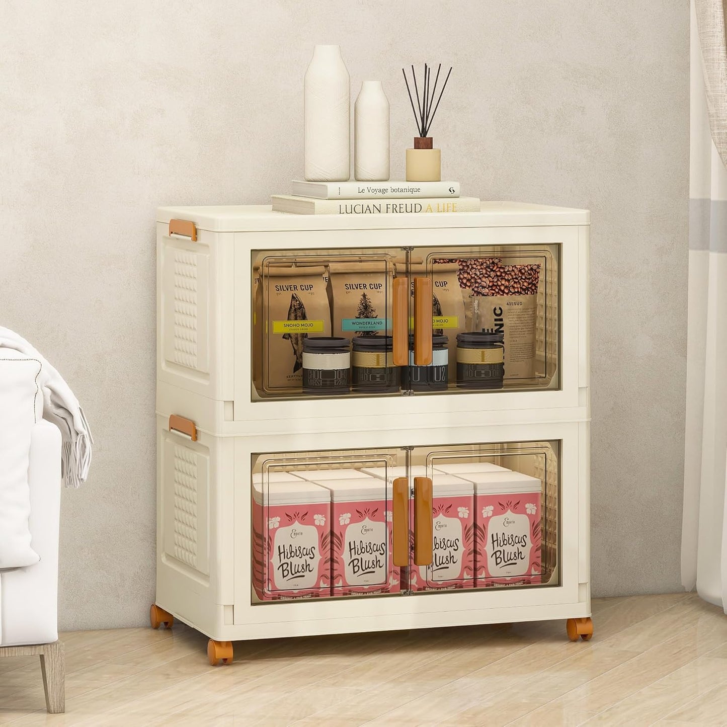 Plastic Stackable Storage Bins with Lids and Wheels, Foldable Closet Organizers and Storage Containers for Bathroom, Collapsible Clear Drawer Storage Cabinet with Doors White 22.4Gal 2Tiers