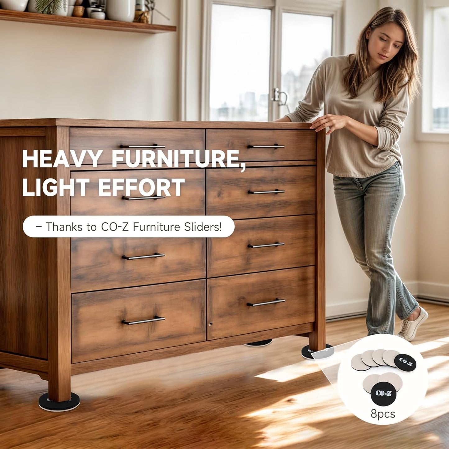 CO-Z 8pcs Felt Furniture Sliders for Hardwood Floors, 4 3/4 in Reusable Furniture Pads, Heavy Furniture Movers Sliders for Hard Surfaces, Thick Moving Pads Floor Protectors for Vinyl Tile Floors