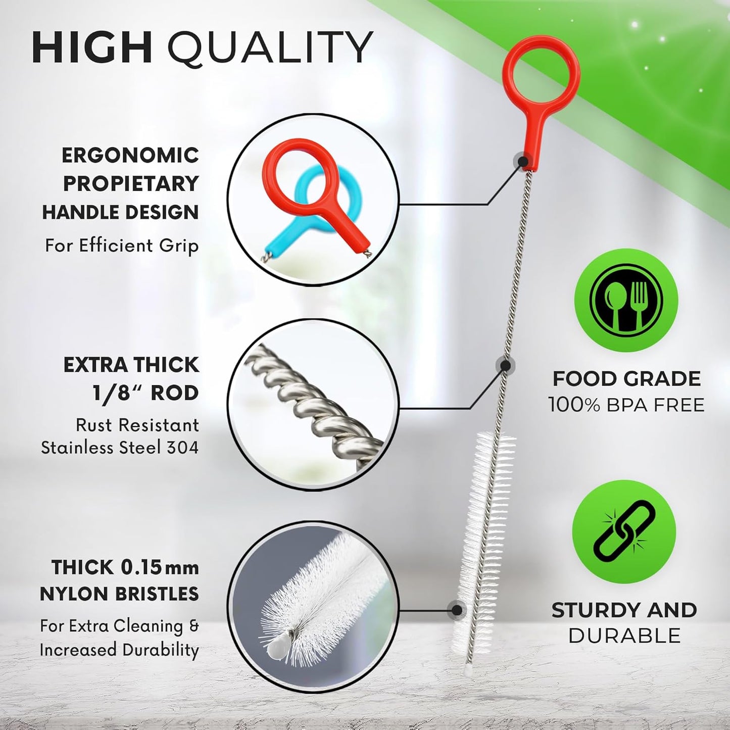 Heavy Duty Cleaning Brushes Set of 8 - Extra Long Straw Cleaners for Metal and Plastic Reusable Drinking Straws, to Clean Small Spaces, Sippy Cups, Water Bottles - Sturdy Hard Brush Bristles