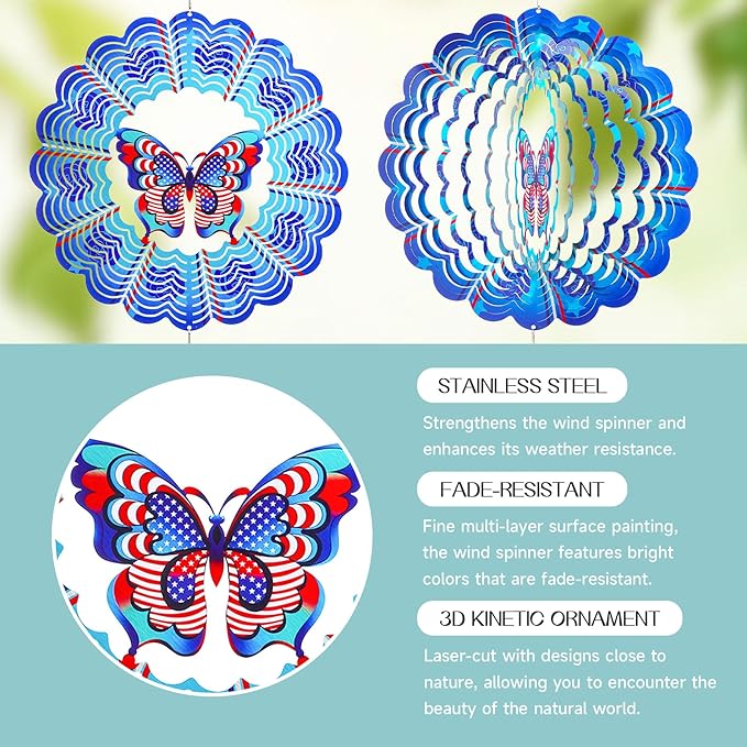Butterfly Wind Spinners Garden Yard Decor Gift for Women Men, 12 Inch Outdoor Metal 3D Wind Spinner, July 4th American Flag Patriotic Wind Spinner Stainless Steel Hanging Outside Decoration