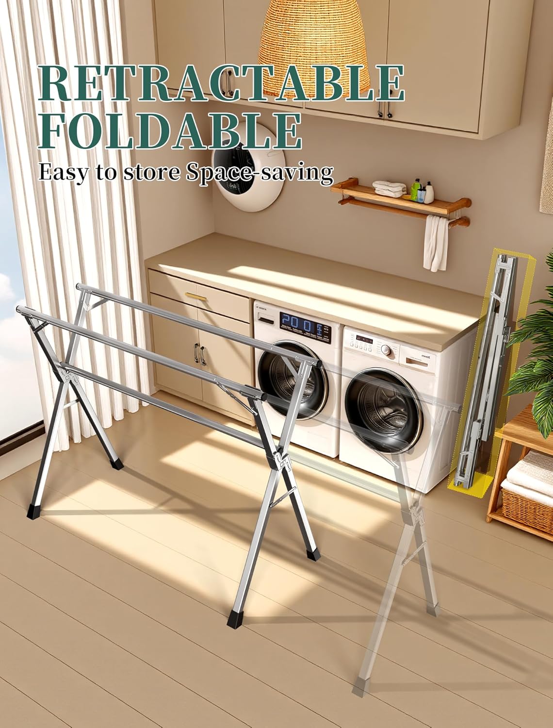 95 Inches Heavy - Duty Stainless Steel Folding Clothes Drying Rack - Indoor/Outdoor Use, Anti-Rust, 20 Windproof Hooks, Portable & Foldable (95'')