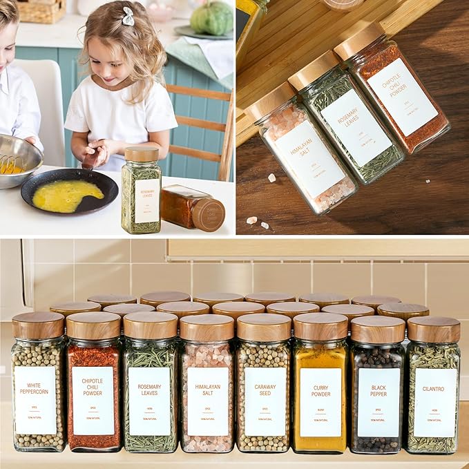 Spice Jars with Label，4oz Seasoning Containers, Glass Spice Bottles with Shaker Lids,Funnel, Chalk Pen (24)