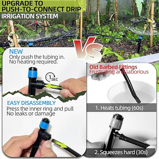 Push-to-Connect Drip Irrigation System Adjustable Irrigation System for Garden Raised Bed Automatic Plant Watering System Complete Drip Irrigation Kit with Drip Emitters, Tubing, Connectors