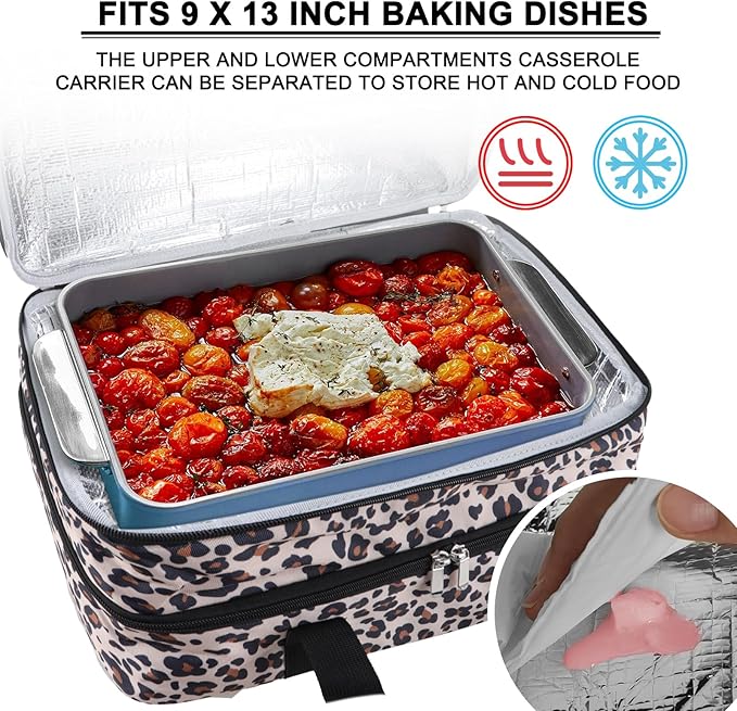 esouler Double Insulated Casserole Carrier Bag Hot & Cold Food Carrier Bag Lasagna Holder Lunch Bag for Picnics, Parties, Travel, Fits 9 x 13 Inches Casserole Dish-Leopard