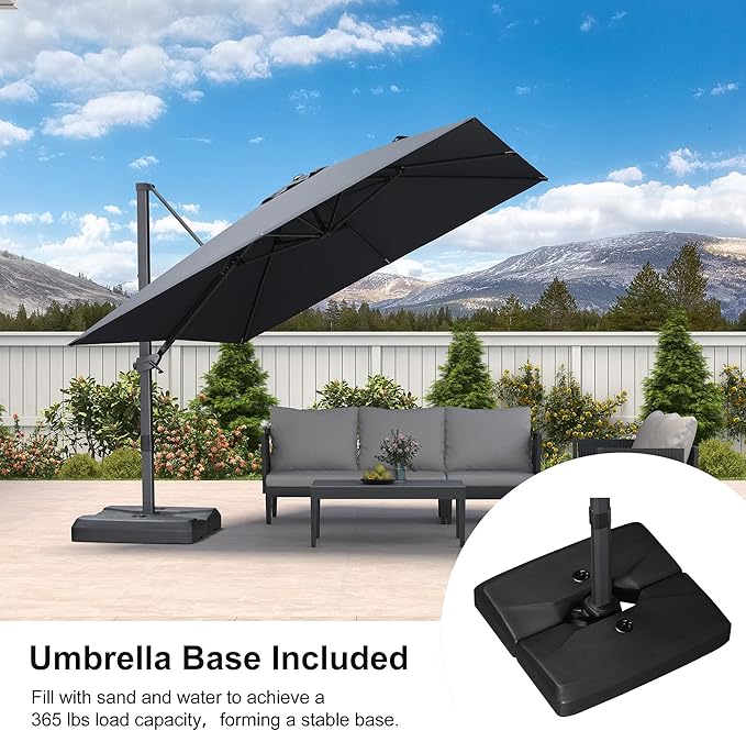 PURPLE LEAF 10' × 10' Patio Cantilever Umbrella with Base Outdoor Square Adjustable Offset Umbrellas with 360-degree Rotation and 8 Heavy Duty Metal Ribs for Garden Deck Pool Grey