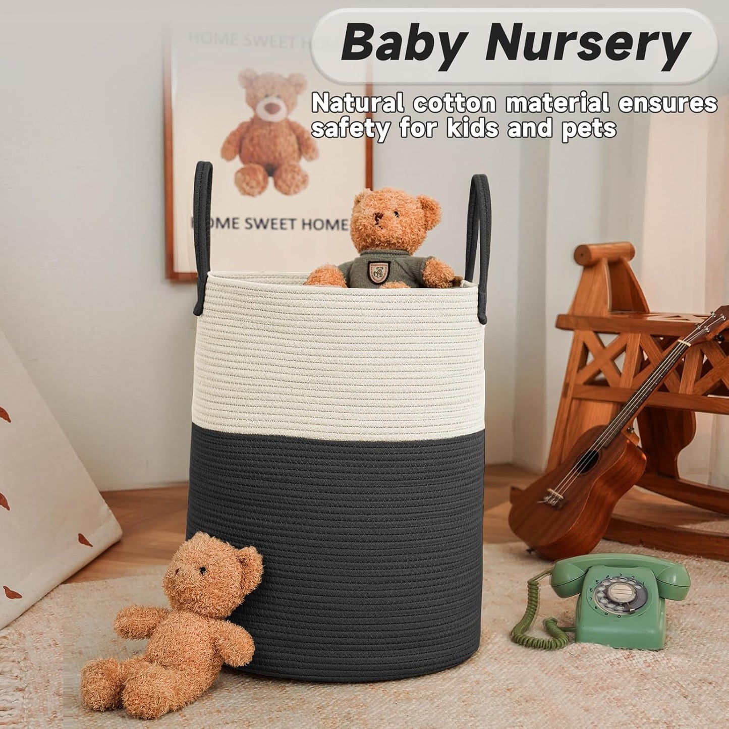 Large Woven Laundry Basket Hamper,60L Cotton Rope Storage Bin for Blankets,Toys and Clothes,Decorative Tall Nursery Hamper for Living Room,Baby Nursery,Bathroom and Bedroom,White and Black