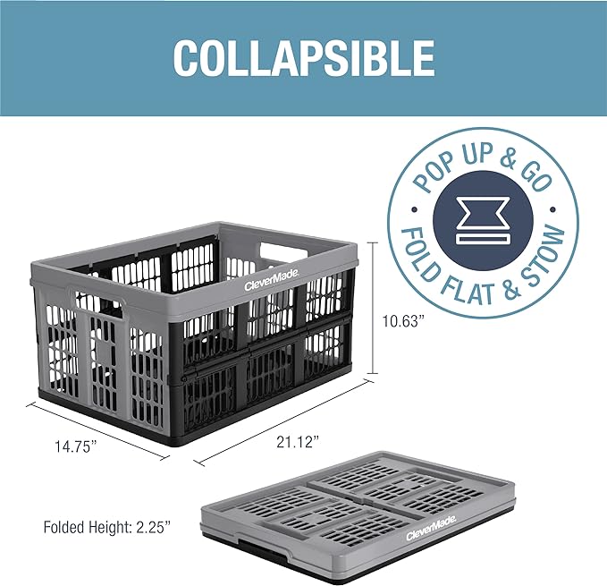 CleverMade Collapsible Utility Crates - Stone 3 Pack 45L / 11 Gal holds 66 lbs - Stackable Containers Heavy Duty Capacity Crates-Space-Saving Baskets
