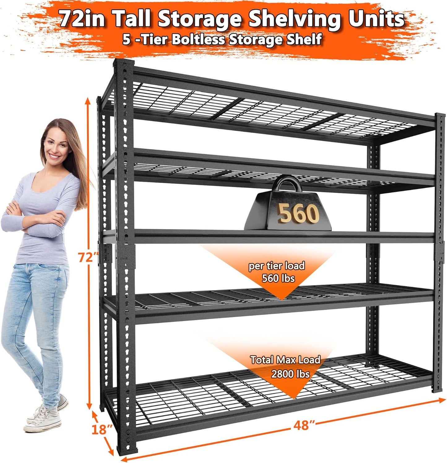 Storage Shelves Heavy Duty, 48" L x 18" W x 72" H Garage Wire Shelving Unit Loads 2800LBS, 5-Tier Adjustable Metal Industrial Utility Shelf Rack for Kitchen, Laundry Room, Pantry, Warehouse, Basement