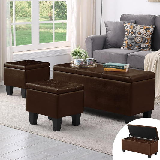 Ottoman with Storage Set of 3, 38'' Button Tufted Storage Ottoman with 2 Stools, Easy Open & Close w/Safety Hinges, Extra Seating Foot Rest for Living Room (Brown - PU Leather)